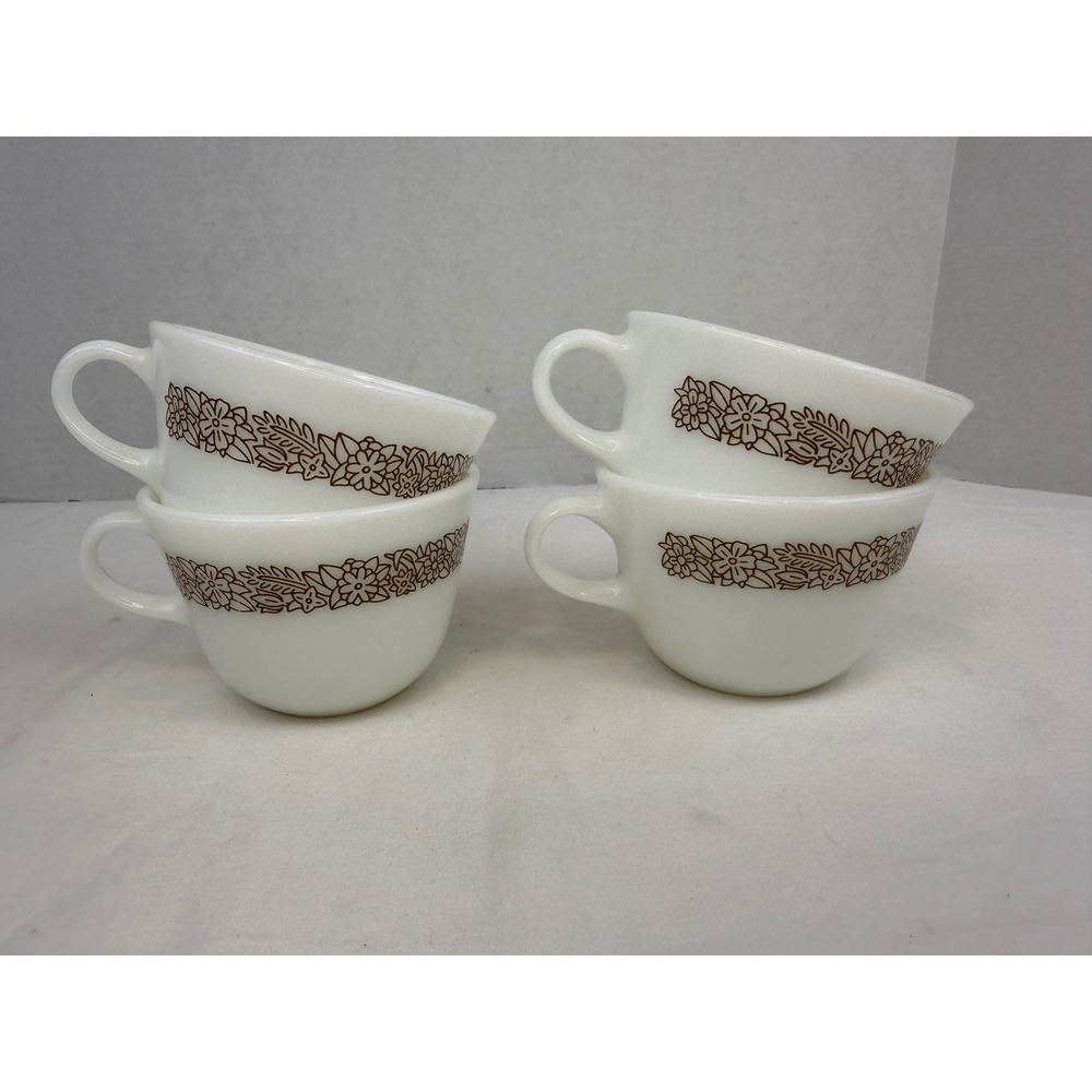 Pyrex Woodland Brown Floral Milk Glass Coffee Mugs Set of 4 Vintage Corning USA